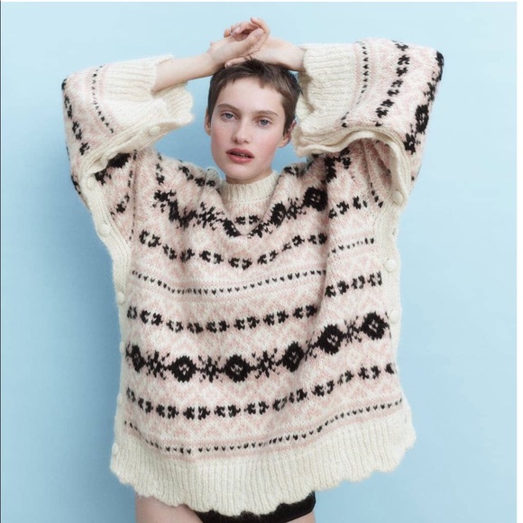 Zara Sweaters - Zara Jacquard Knit Sweater With Side Vents Pink Cream